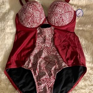 Burgundy and White One Piece Swimsuit